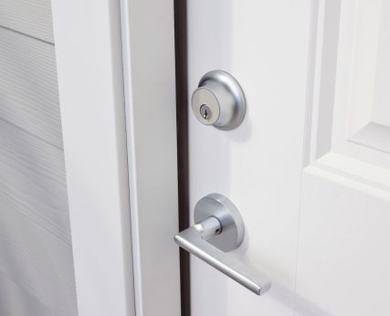 Satin chrome finish on a door lever and deadbolt, shown on a white door with white trim and grey siding.
