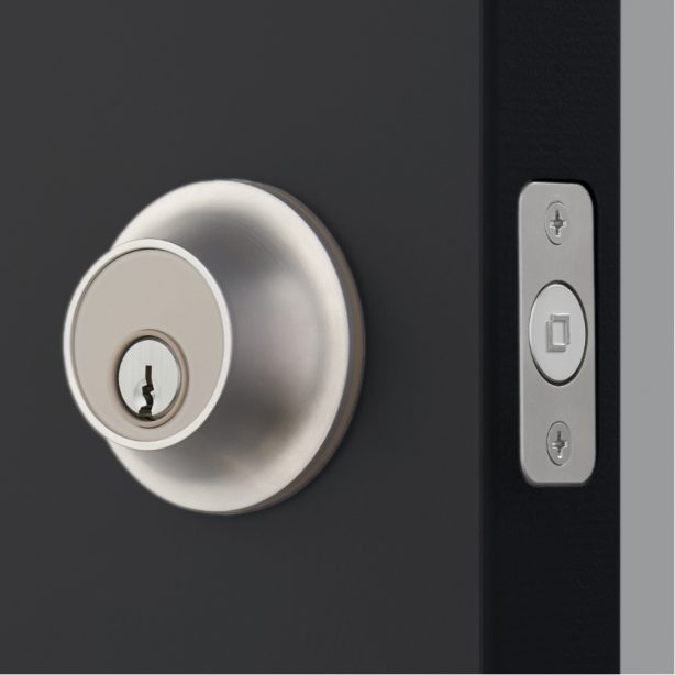 Closeup of Level lock installed in black door